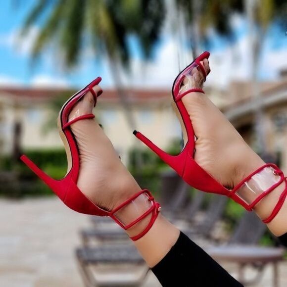 Suede Lace Up Red Vinyl Clear Sandals Heels - Picture 5 of 6